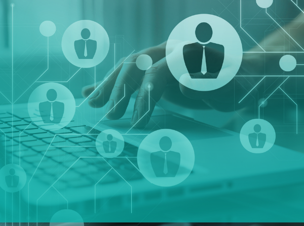 person typing on laptop with candidate bubbles